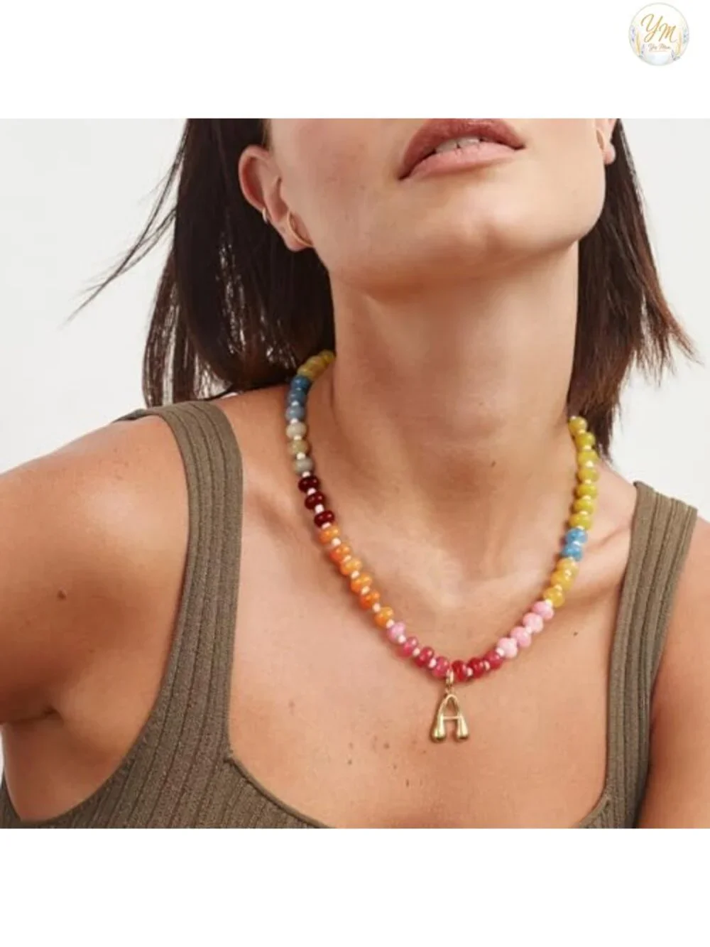 Initial Choker Necklace with Natural Gemstone Beads 14K Gold Bubble Letter